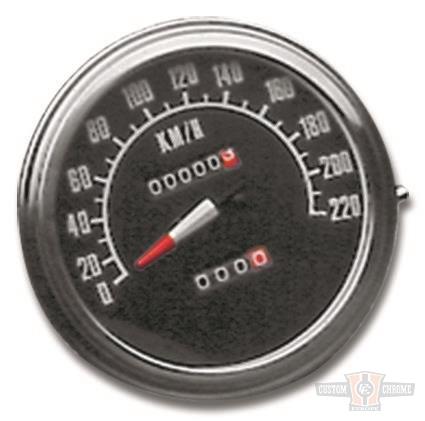 Custom Chrome Speedo, 1:1 ratio, 220 km/h, black face  - 85-729