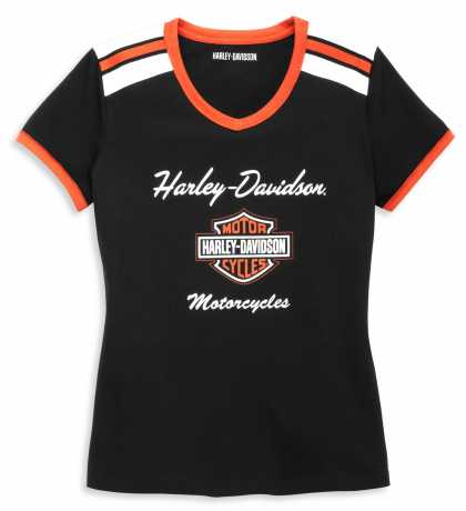 Harley-Davidson Women's T-Shirt Iconic V-Neck Shoulder Stripe Black 