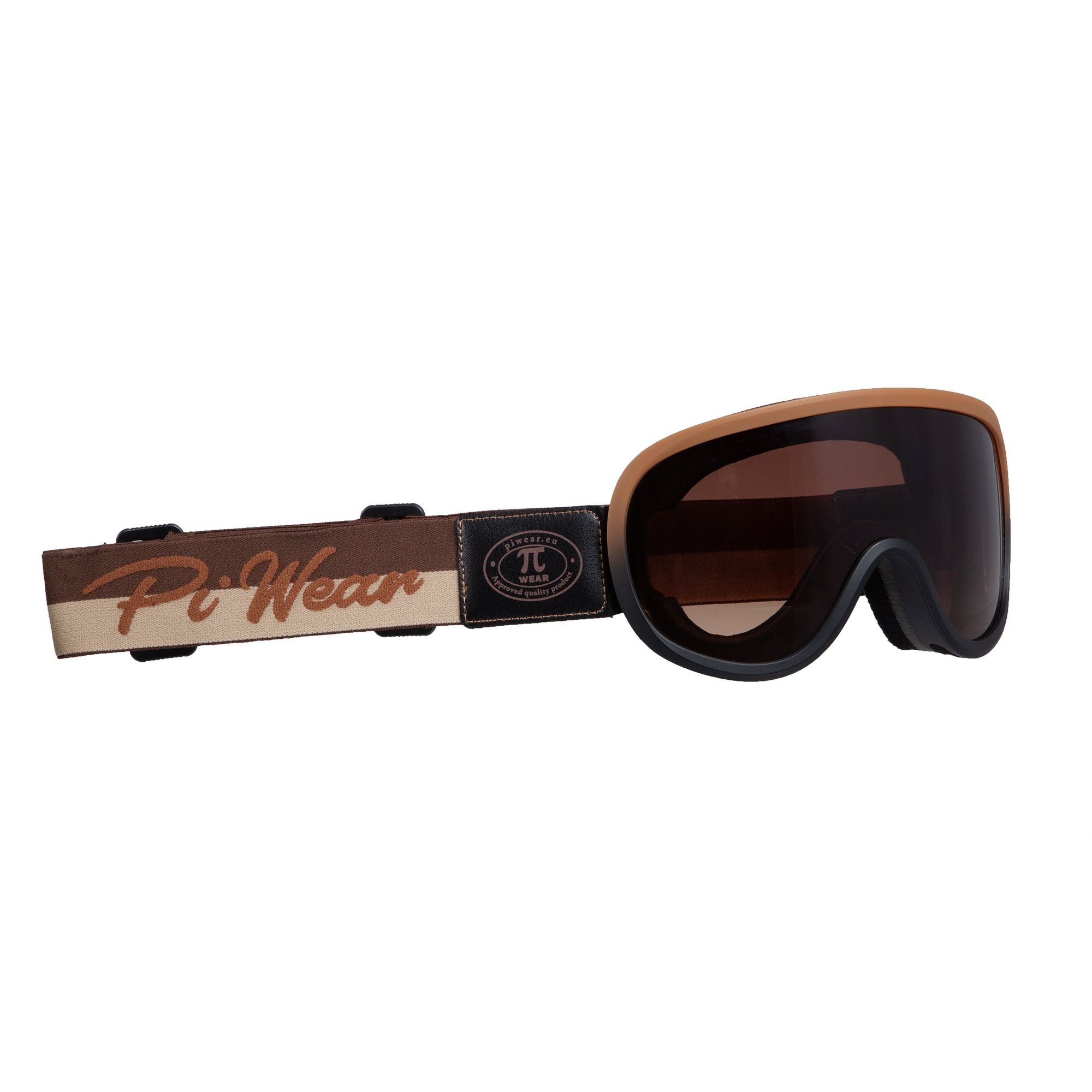 PiWear® Arizona Retro Motorradbrille Überbrille Schutzbrille für Brillenträger gepolstert beschlagfrei Rahmen braun Band braun Logo schwarz Glas braun getönt verlaufend